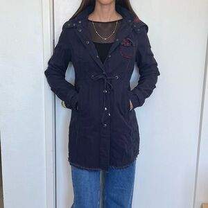 Free People Navy Flannel Hooded Jacket